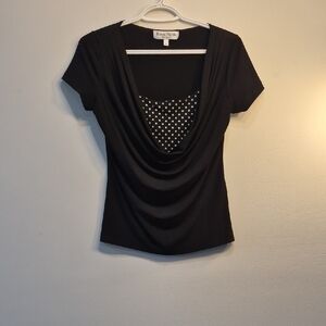 Ronni Nicole Black Draped Cowl Neck Top with Polka Dot Inset